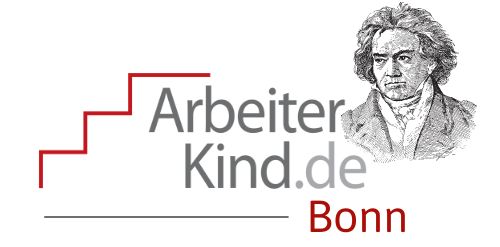 Logo Arbeiterkind Bonn zeigt Stufen und das Wort Bonn mit stilisiertem Beethoven im Buchstaben O